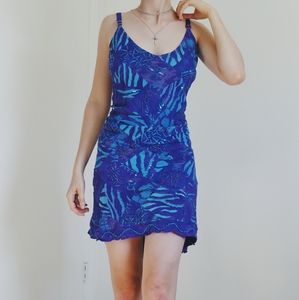 Tropical Tantrum Size M Hand Batic Beaded Hawaian Blue Purple Mini Dress Tie Dye
